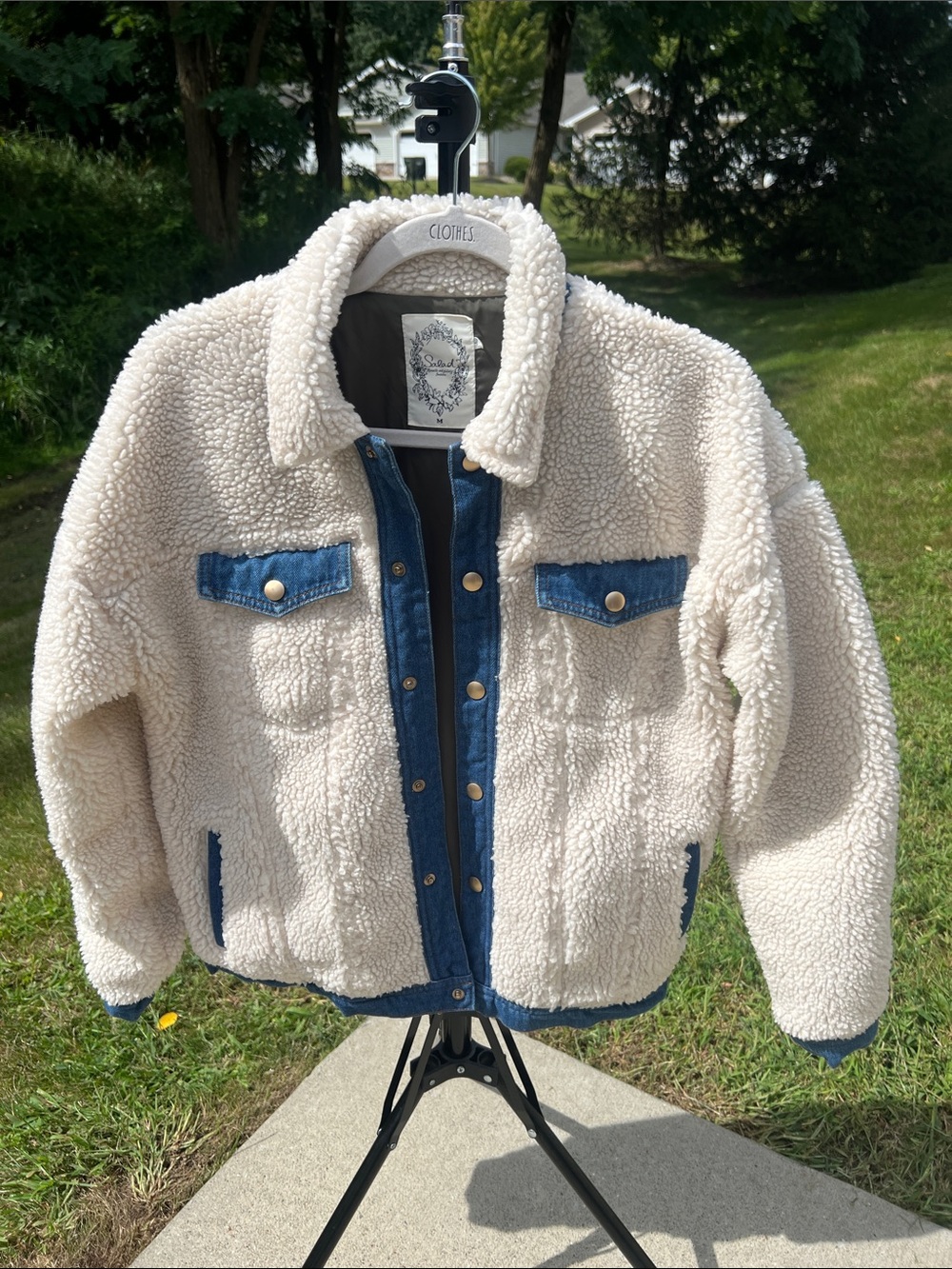 SALAD Cream Sherpa Teddy Jacket Denim Trim Snap Front Gold Tone Buttons Size M